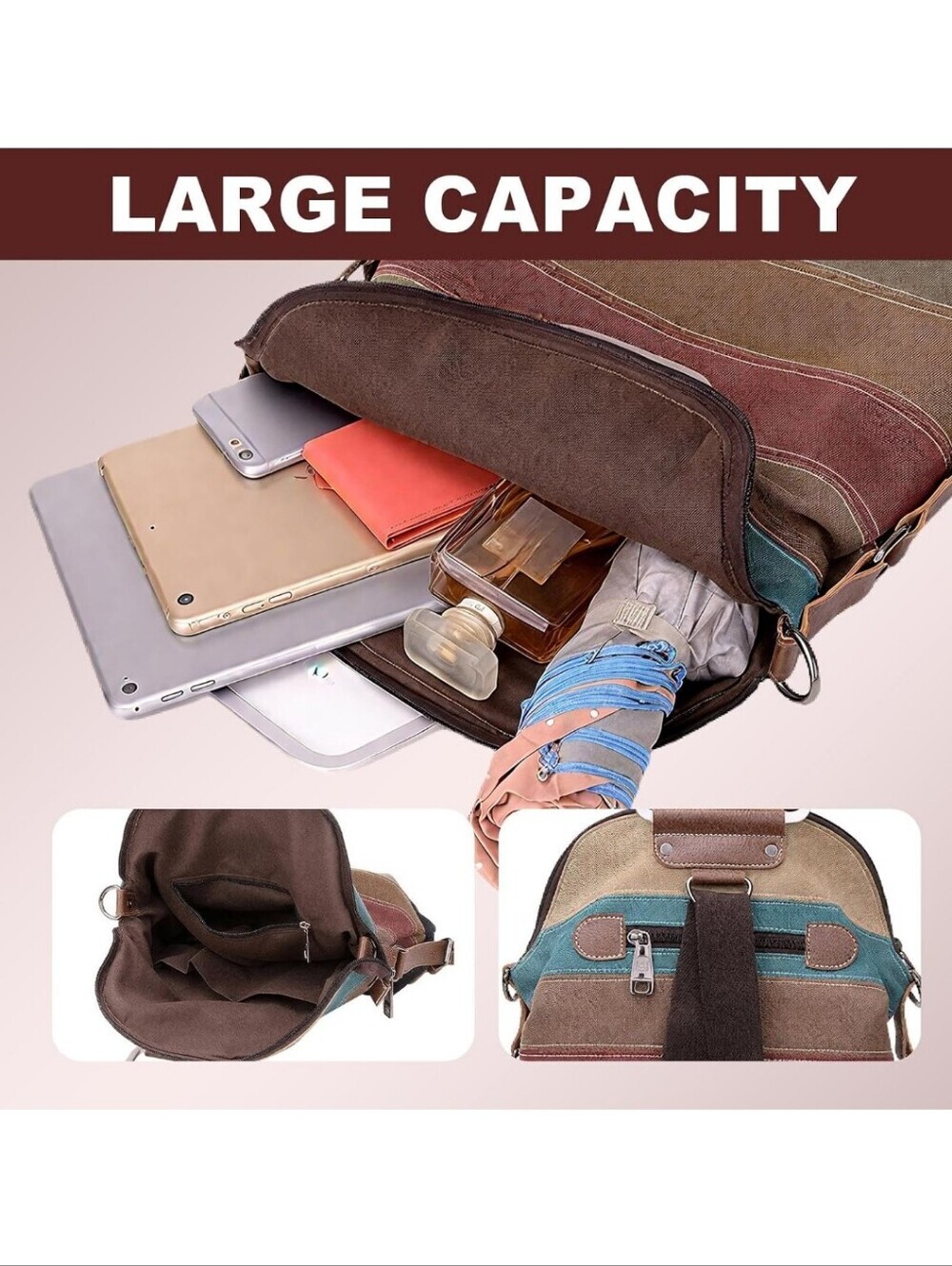 Women’s Multi-Stripe Canvas Crossbody Bag - Beige, Orange, Brown, Blue - Picture 5 of 6
